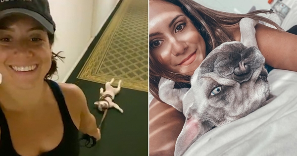 femme tire chien couloir